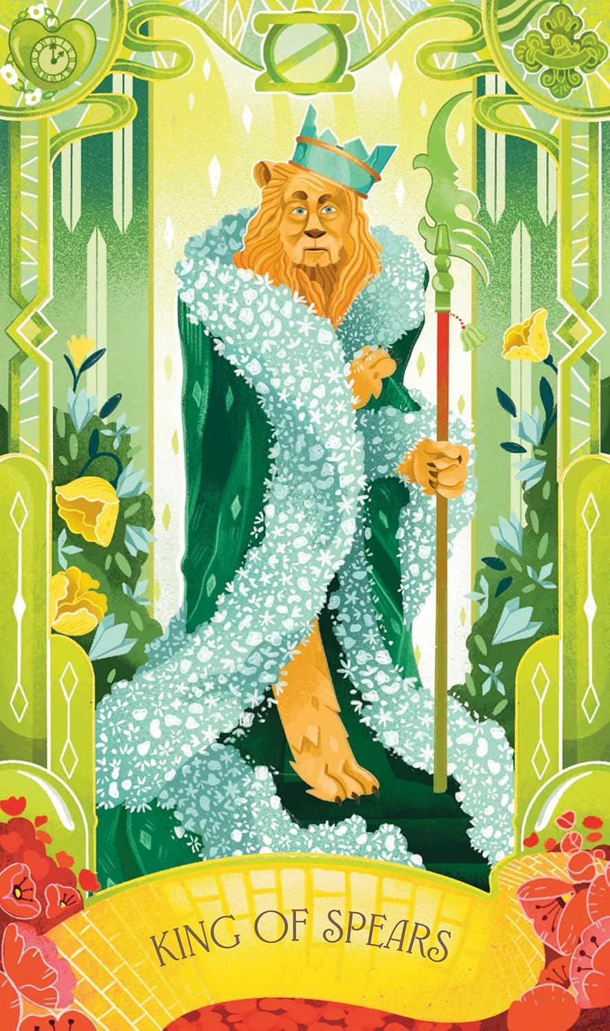 King of Spears tarot card illustration featuring a lion wearing a green crown and a light blue patterned robe, holding a spear, framed by a green ornate border with yellow flowers and a yellow banner reading 'KING OF SPEARS' at the bottom.