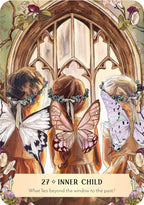Illustration of three fairy-like figures with butterfly wings in front of a gothic window, tarot card titled 'Inner Child'.