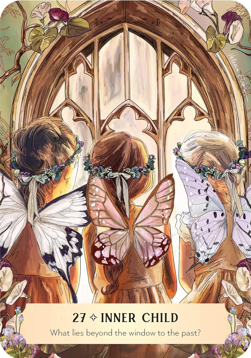 Illustration of three fairy-like figures with butterfly wings in front of a gothic window, tarot card titled 'Inner Child'.