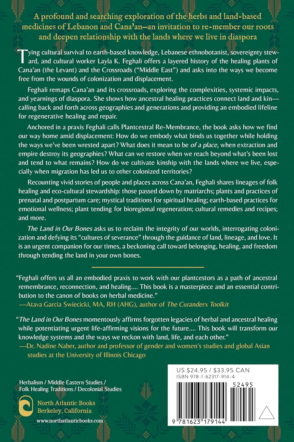 Back cover of the book 'The Land on Our Bones' by Dr. Natasha Nader, featuring a dark green background with white text, publisher logos at the bottom, and a barcode on the right.