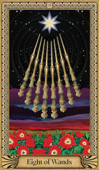 Tarot card featuring eight gold wands against a starry night sky with red flowers at the bottom.