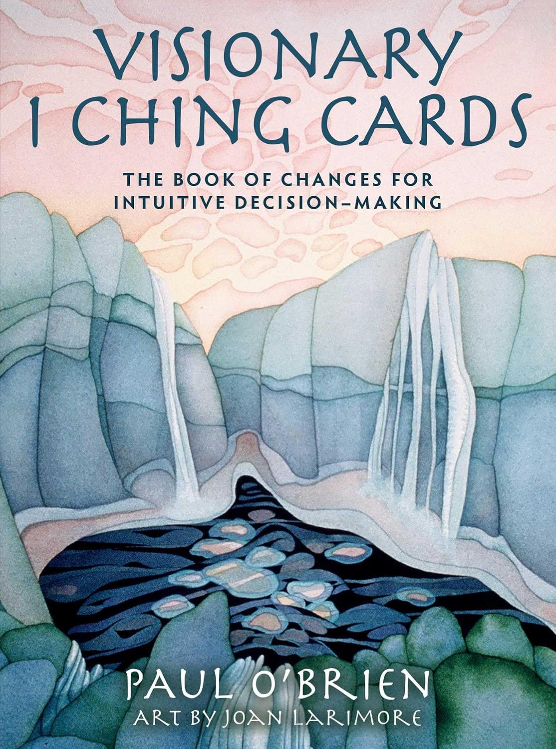 Book cover of 'Visionary I Ching Cards' with artistic depiction of mountains and water.