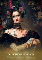 Artistic depiction of a woman with tattoos and flowers, with text '38 Interloper. Ex.