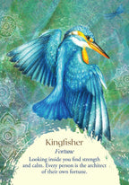 Illustration of a blue kingfisher with mandala patterns and text on a green background