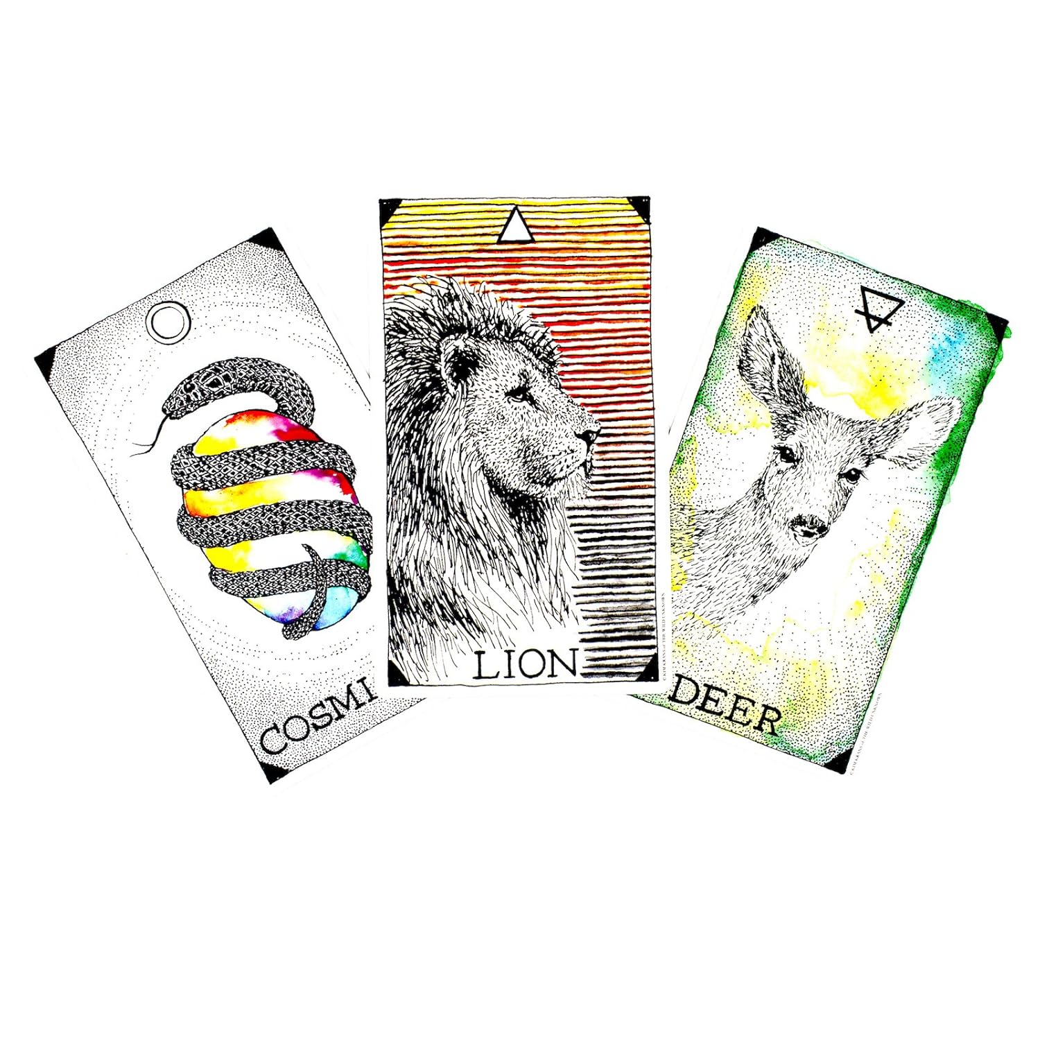 Three tarot card-style bookmarks with illustrations of a snake, lion, and deer on a white background.