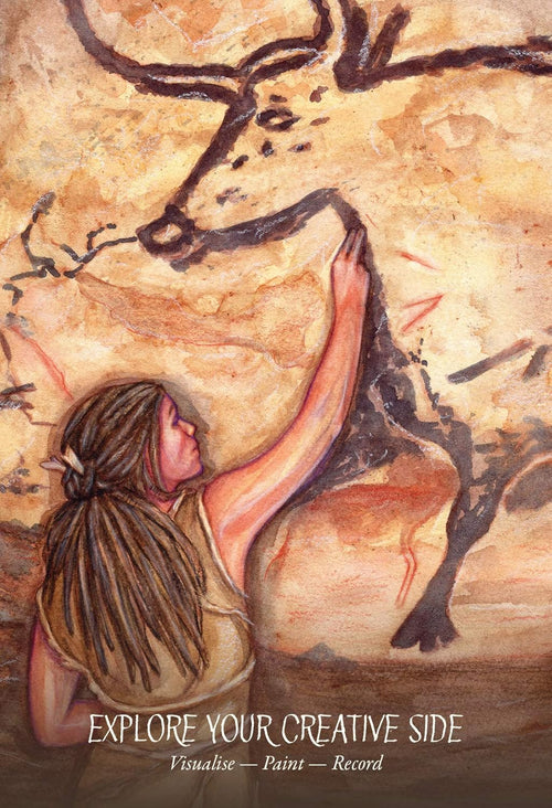 Artistic depiction of a person painting a deer on a cave wall with text 'Explore Your Creative Side' at the bottom.