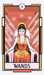 Tarot card featuring a character in an orange outfit with 'Wands' text at the bottom.
