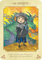 A fantasy art card titled '22. Knight' showing a child in medieval armor standing before a large green dragon against a warm yellow-orange sky.