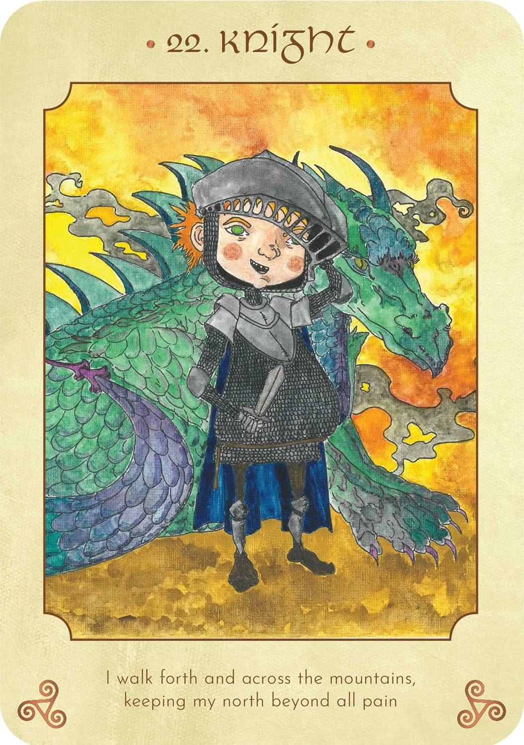 A fantasy art card titled '22. Knight' showing a child in medieval armor standing before a large green dragon against a warm yellow-orange sky.