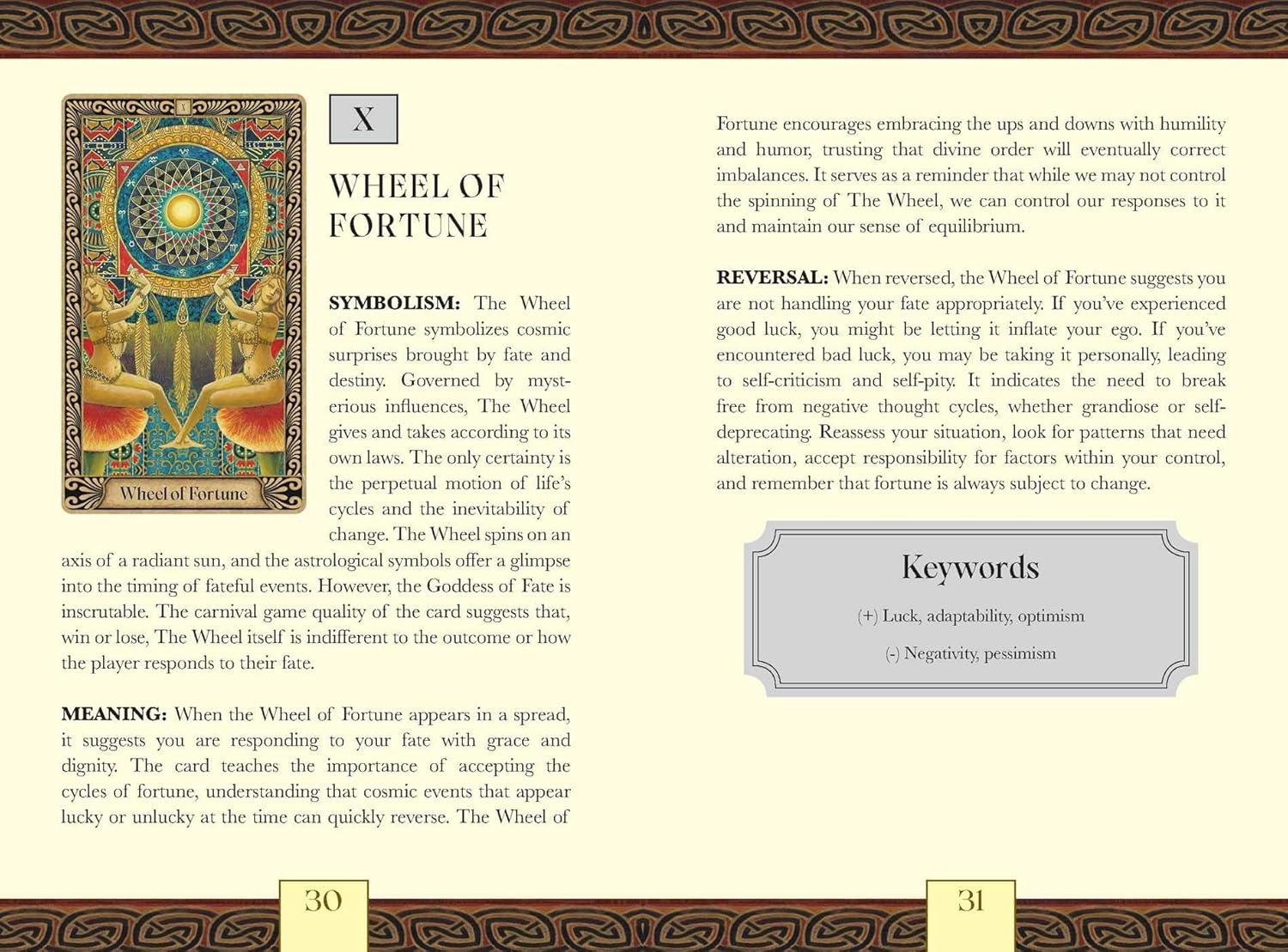 Wheel of Fortune tarot card with descriptive text on a beige background