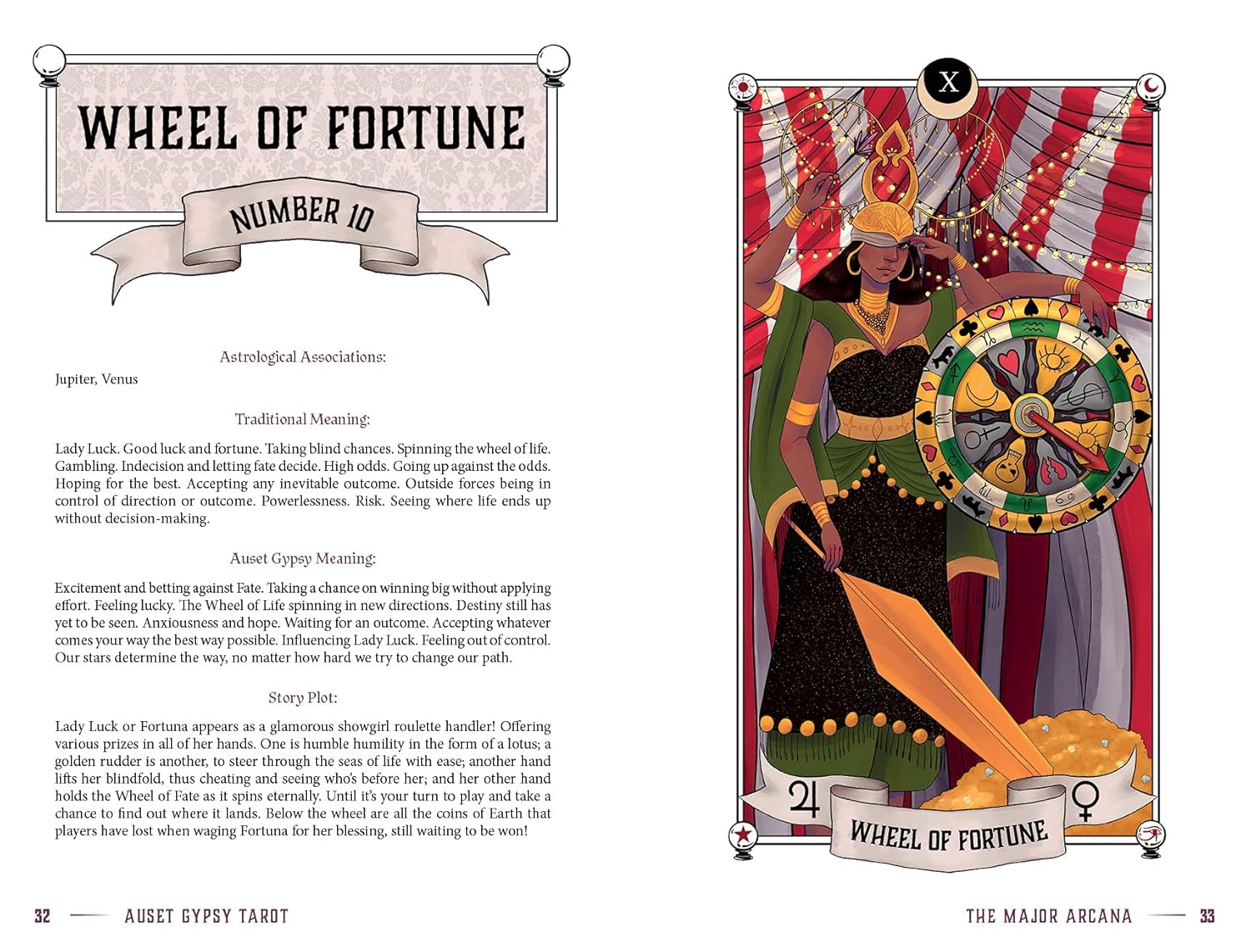 Illustration of 'Wheel of Fortune' from a tarot card book with detailed artwork and text.