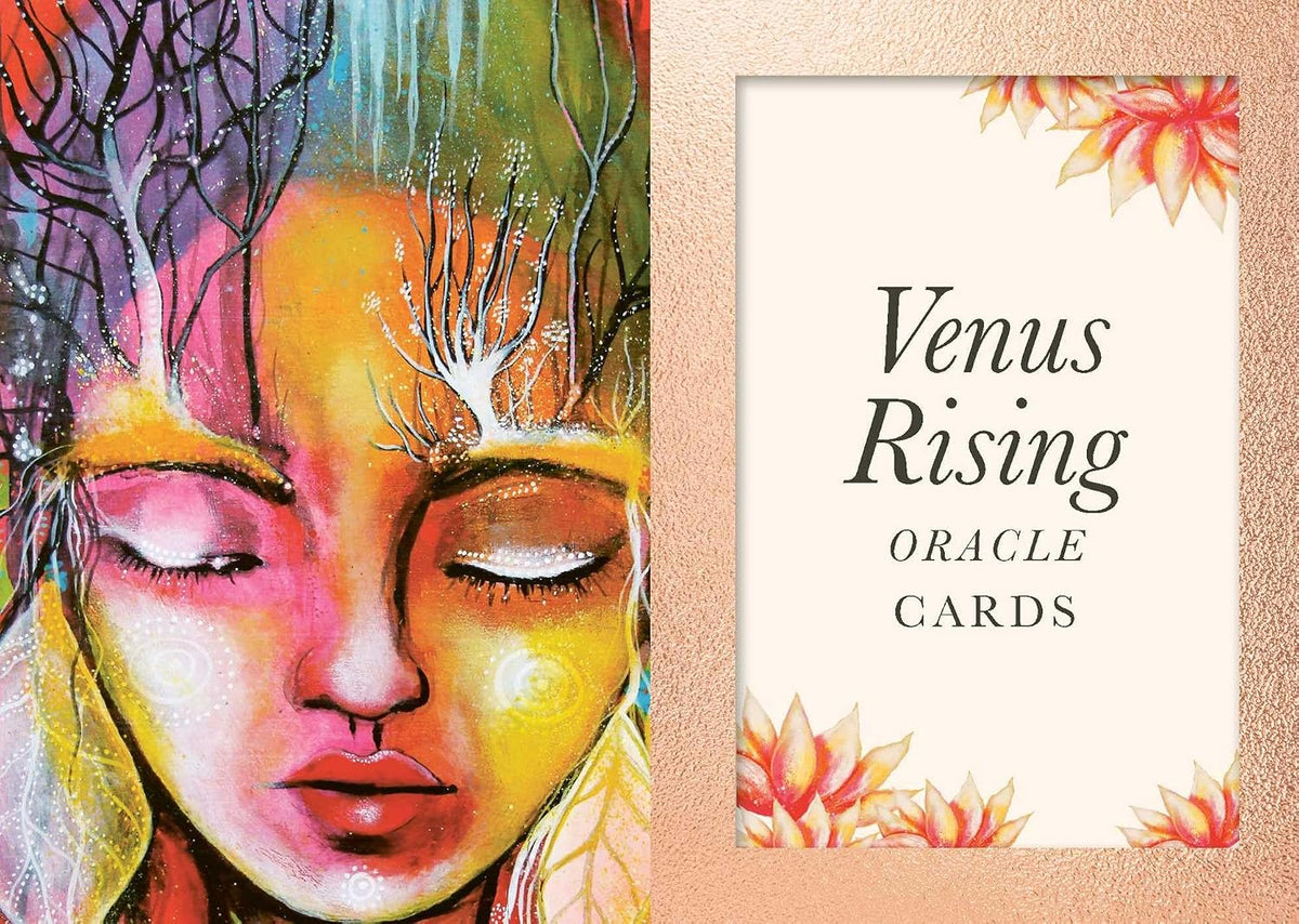 Venus Rising Oracle Cards deck box cover shown next to an individual card cover. The left side features a vibrant, multicolored artistic portrait of a woman with closed eyes, while the right side displays a cream-colored card cover with the text 'Venus Rising ORACLE CARDS' and orange lotus flowers in the corners.