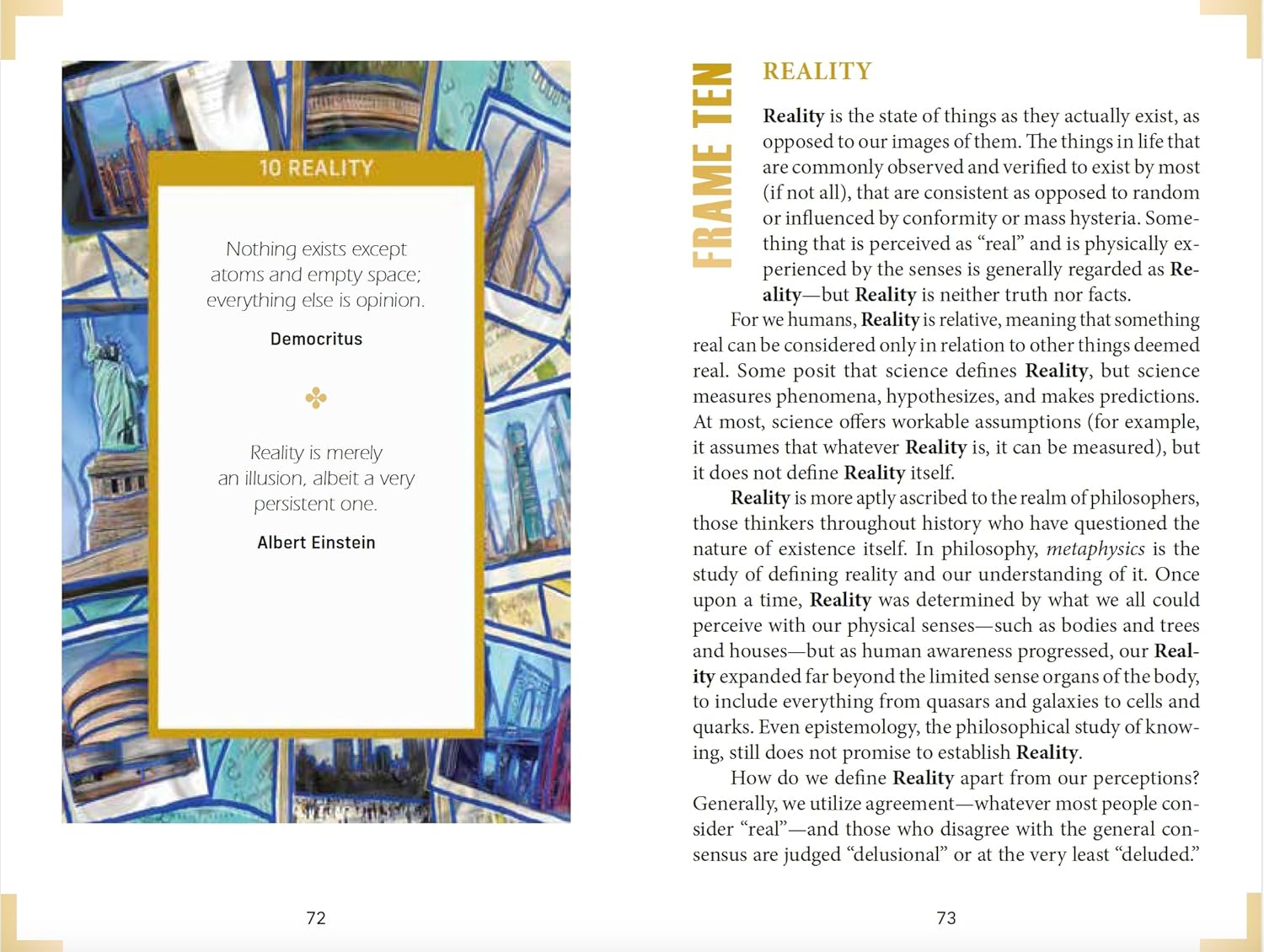 Book page with text on reality and Albert Einstein's quote, colorful abstract design on the left.