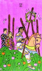 Colorful illustration of three people with a horse on a pink background, featuring the number 6.