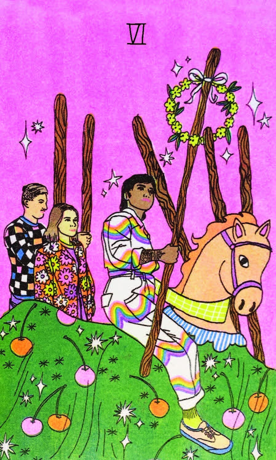 Colorful illustration of three people with a horse on a pink background, featuring the number 6.