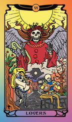A tarot-style illustration labeled 'LOVERS' with the Roman numeral VII at the top. The scene shows a skeletal angel in a red robe with wings and a flower crown, standing over a street scene with two human figures, one with long blonde hair and one playing a stringed instrument.