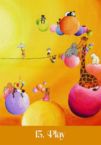 Colorful illustration of animals playing on colorful balls with '15. Play' text at the bottom.