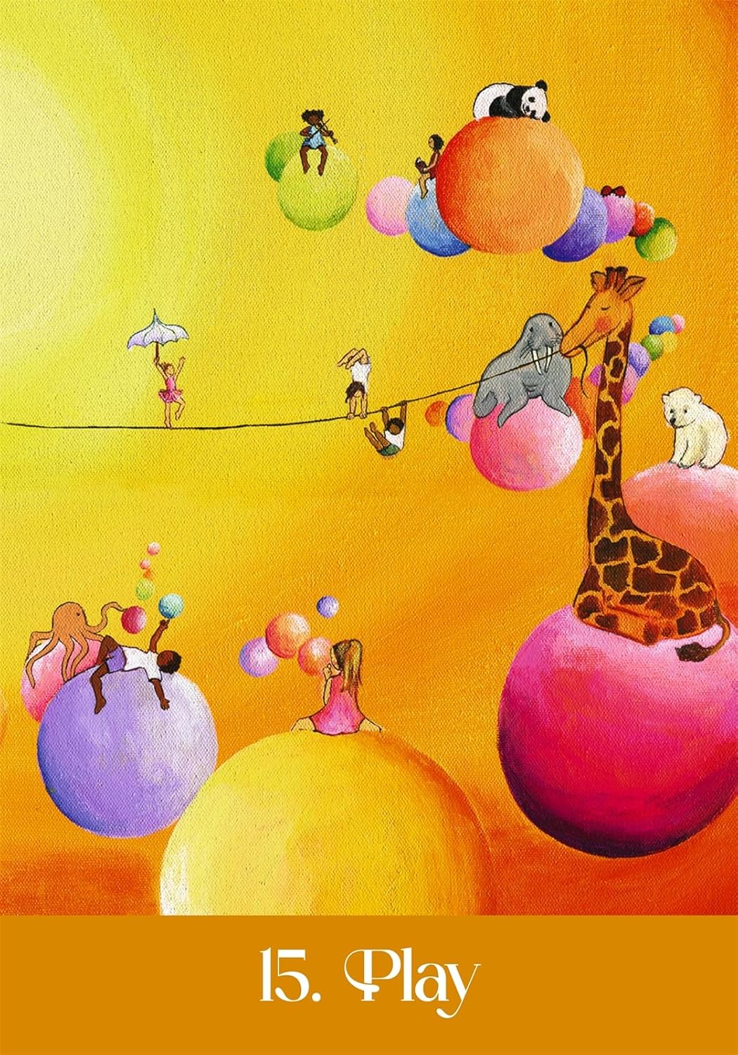 Colorful illustration of animals playing on colorful balls with '15. Play' text at the bottom.