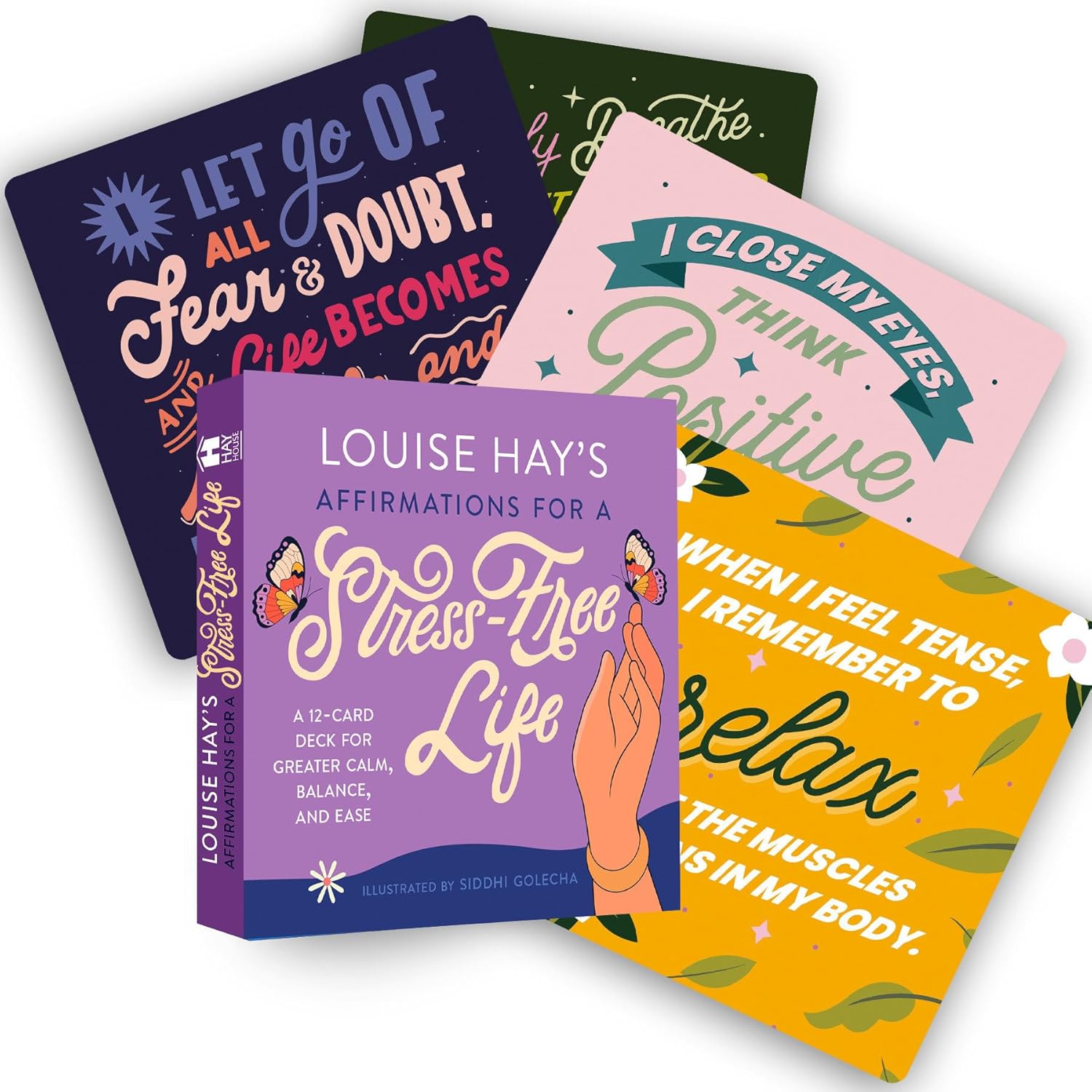 Collection of affirmation cards with motivational phrases on a white background