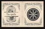 An open vintage-style book or booklet spread with cream pages, black ornate border illustrations, and printed text reading 'The spells' on the left page and a circular symbol with curved text on the right page.