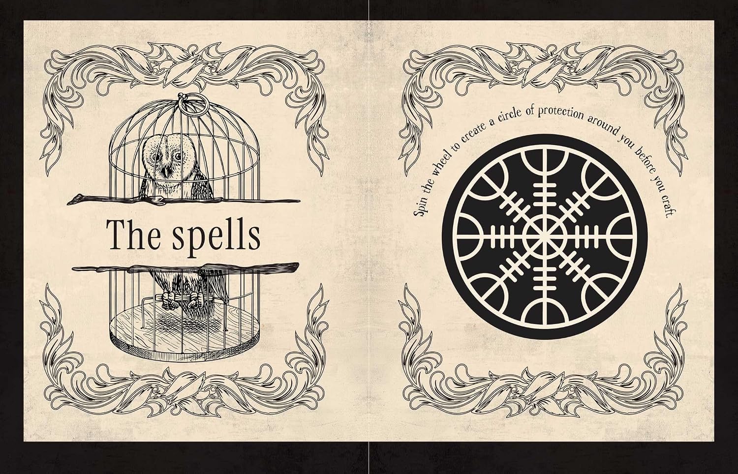 An open vintage-style book or booklet spread with cream pages, black ornate border illustrations, and printed text reading 'The spells' on the left page and a circular symbol with curved text on the right page.