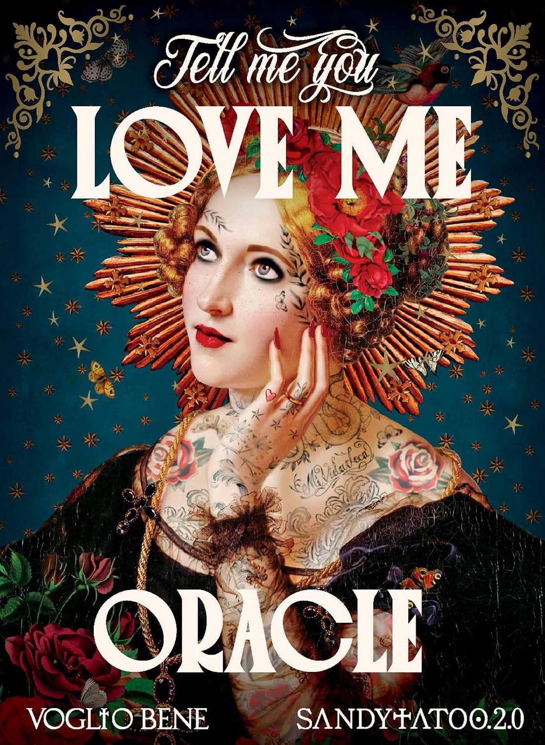 Artistic cover of a book titled 'Tell Me You Love Me Oracle' with decorative elements and text.