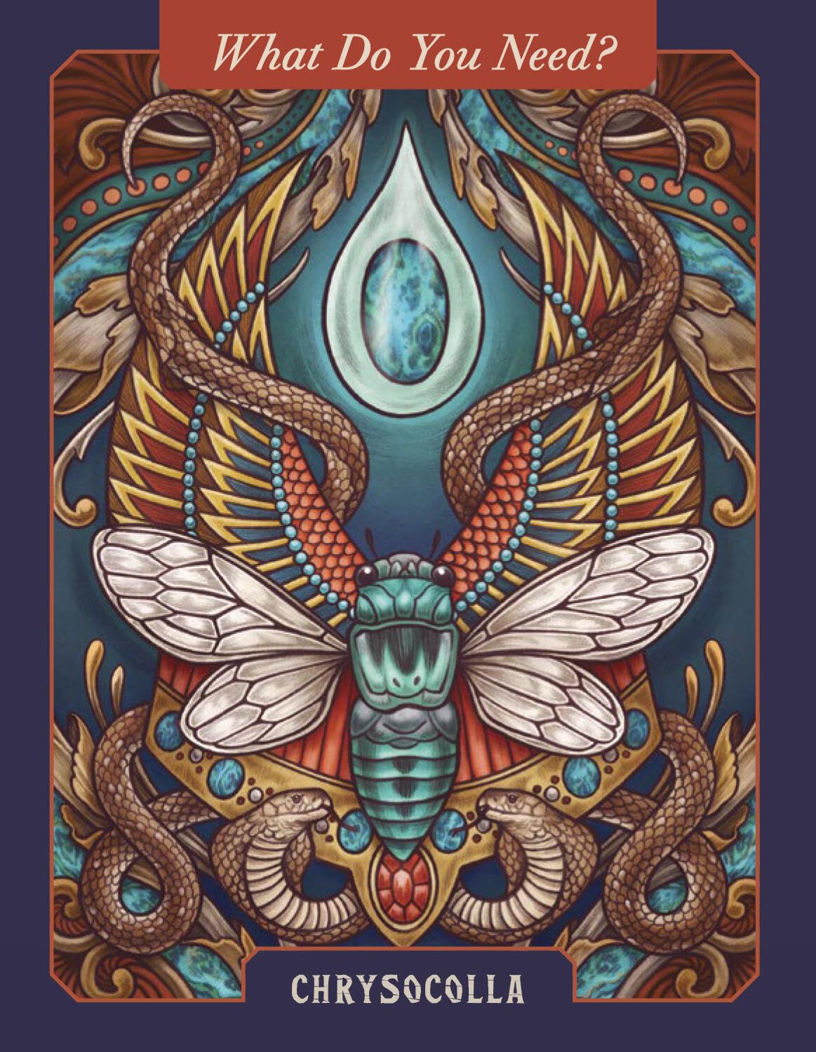 Decorative book cover with intricate design of a dragonfly and snakes, featuring the text 'What Do You Need? Chrysocolla'.
