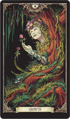 Tarot card featuring a figure with flowers, labeled 'Growth', in a dark, mystical setting.
