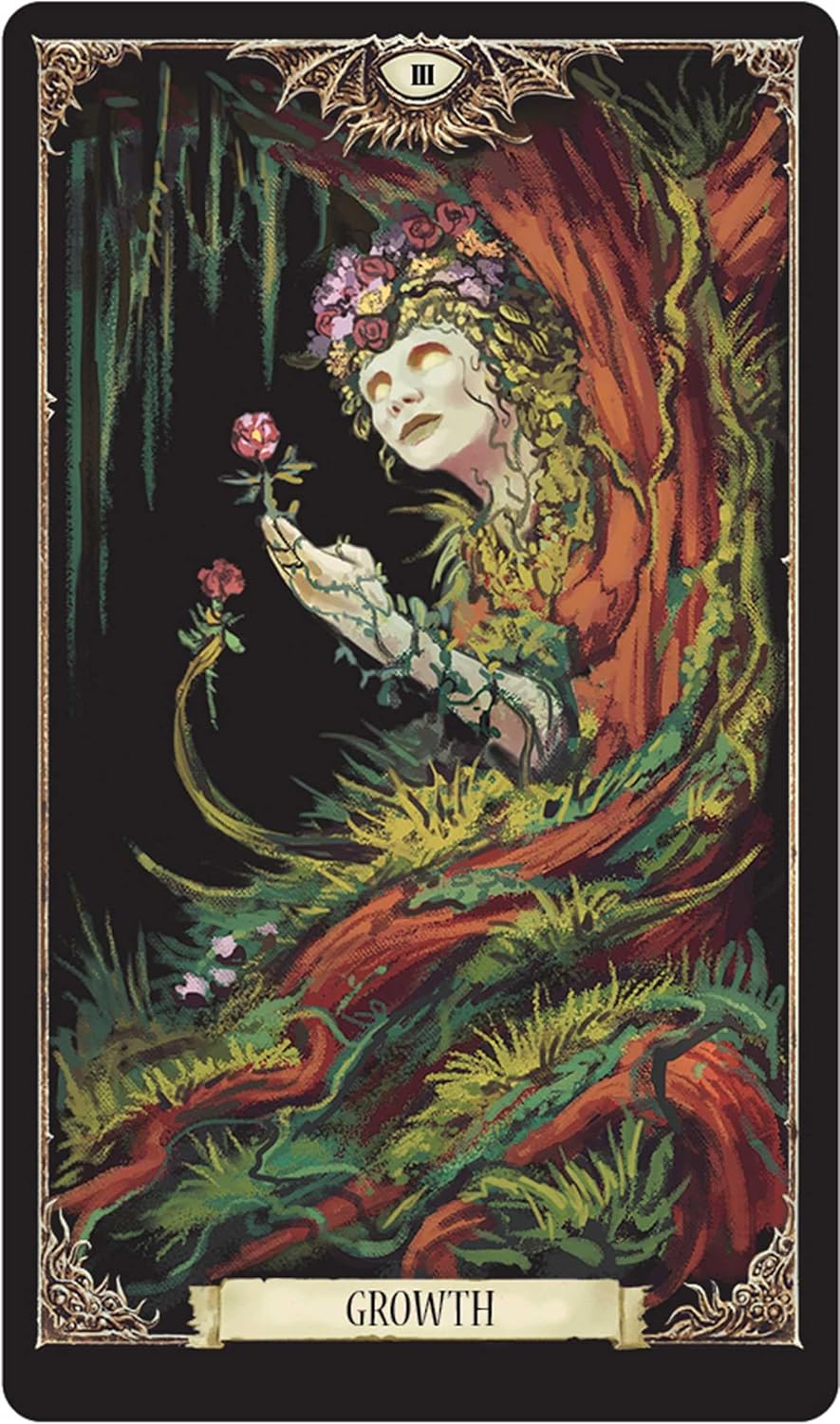 Tarot card featuring a figure with flowers, labeled 'Growth', in a dark, mystical setting.