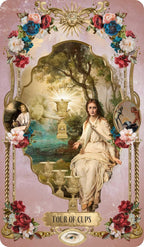 Vintage-style tarot card with a woman sitting by a pool, surrounded by flowers and decorative elements.