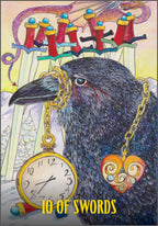 Card featuring a crow with a clock and '10 of Swords' text, with a stylized background.