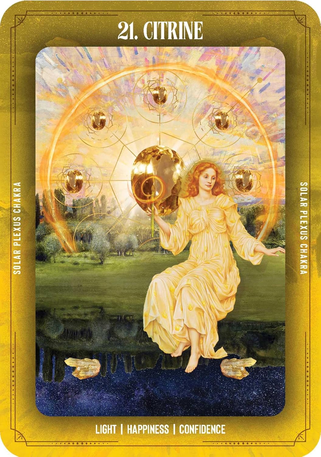 Citrine tarot card with a woman holding a crystal ball, surrounded by gold balls and nature elements.