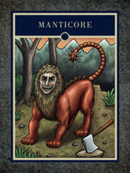 Illustration of a manticore with an axe on a dark textured background