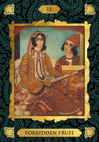 Card from a tarot deck titled 'Forbidden Fruit' with two people and a decorative border.