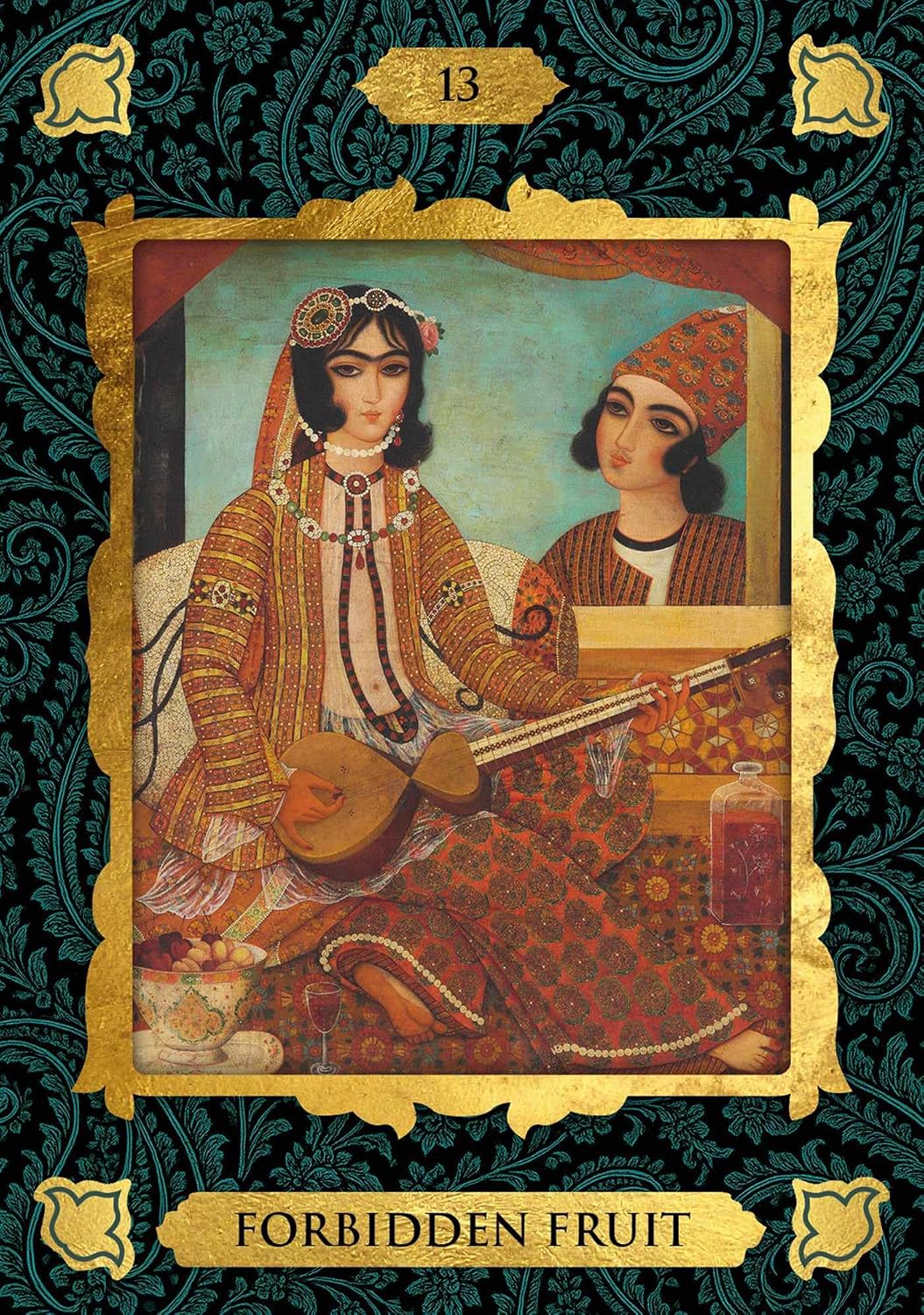 Card from a tarot deck titled 'Forbidden Fruit' with two people and a decorative border.