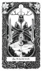 Illustration of 'The Magician' tarot card with a central figure and symbolic elements.