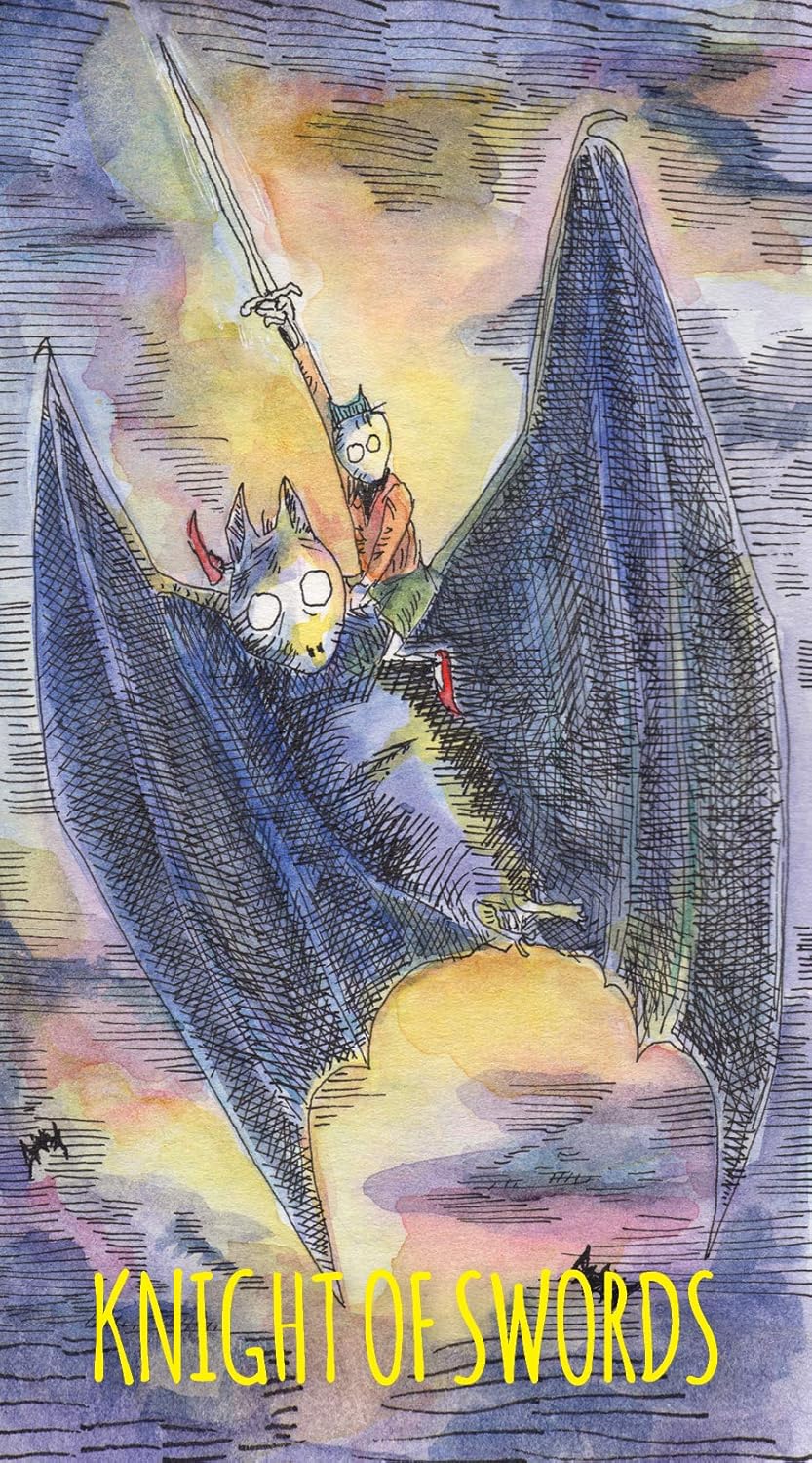 Card titled 'Knight of Swords' featuring a dragon and a cat with a sword, set against a colorful background.