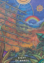 Card with 'Eight of Wands' tarot card design featuring wands, rainbow, and celestial elements.