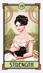 Tarot card featuring a woman holding a black cat with 'Strength' text and number 8 above.