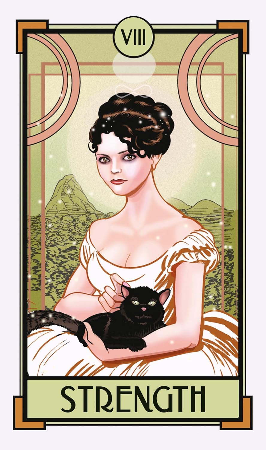 Tarot card featuring a woman holding a black cat with 'Strength' text and number 8 above.
