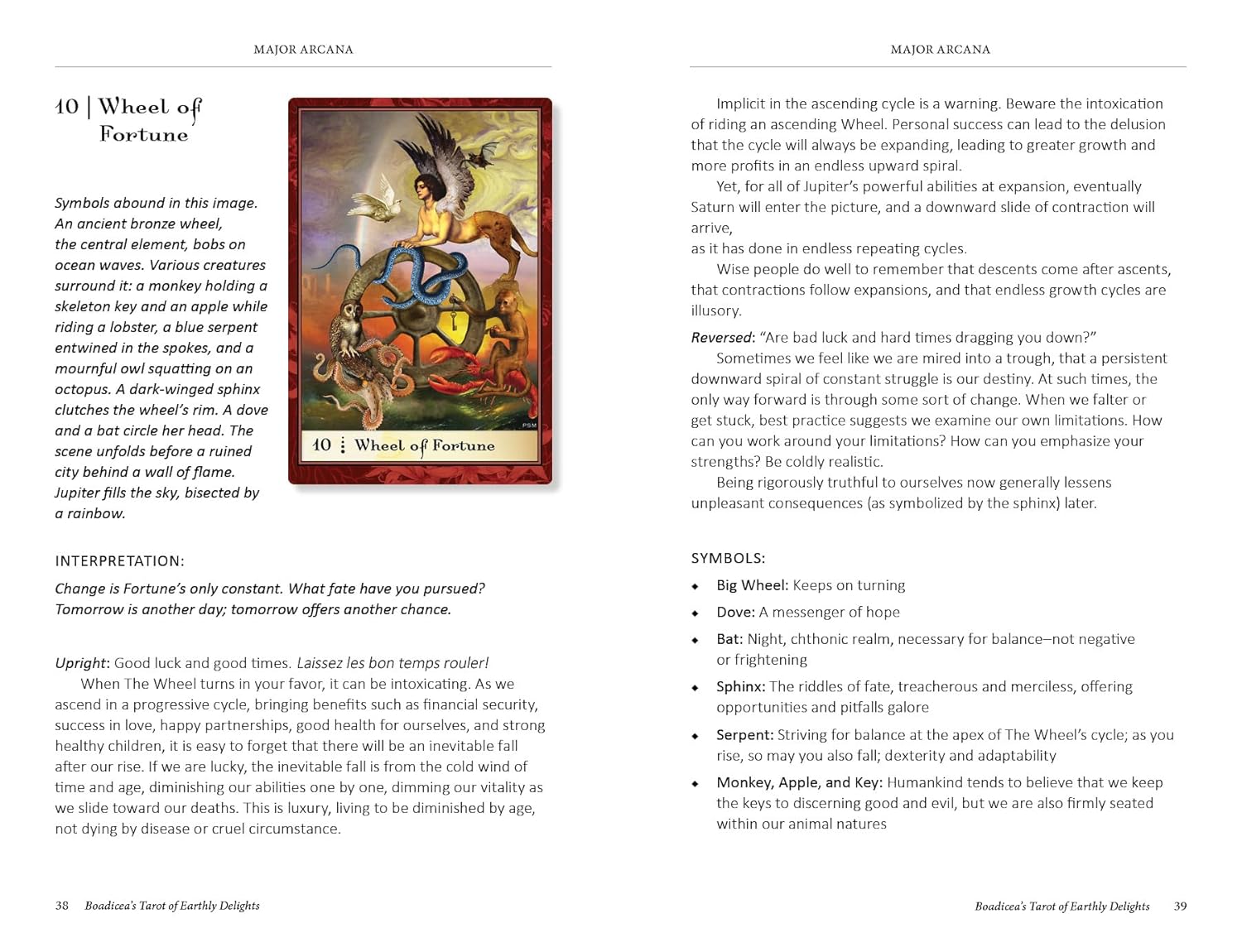 Magickal book page with 'Wheel of Fortune' tarot card and interpretative text.