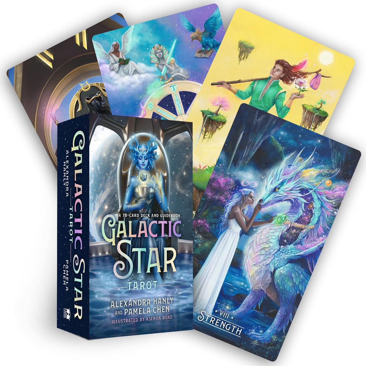Galactic Star Tarot cards with colorful illustrations and packaging on a white background