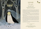 Illustration of a penguin in a forest with text on January rituals.