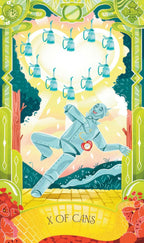 Tarot card featuring a blue figure with cans and a colorful border
