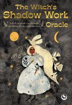 Cover of 'The Witch's Shadow Work Oracle' with an illustration of a woman in a white dress and a bird, set against a dark background with celestial elements.