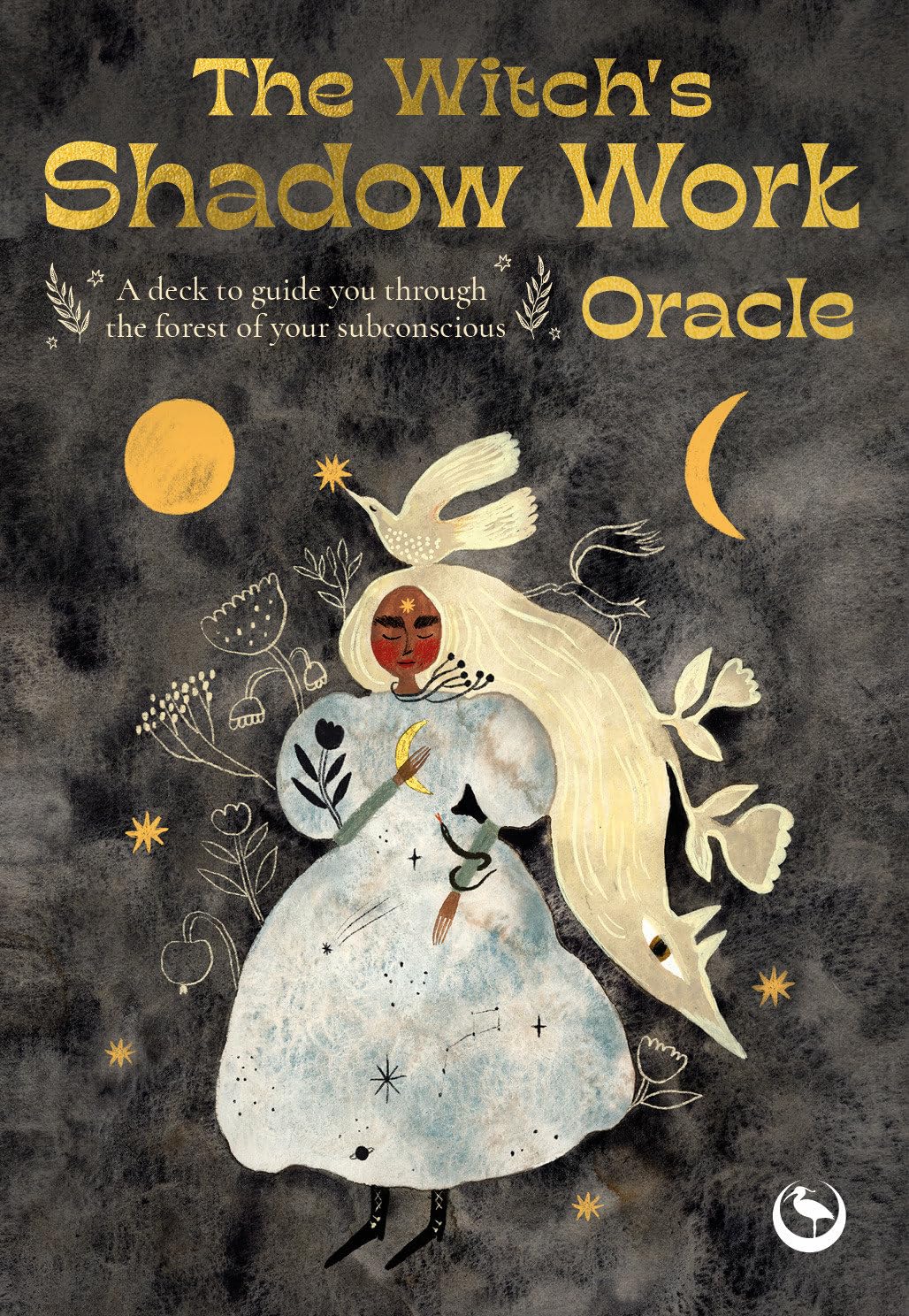 Cover of 'The Witch's Shadow Work Oracle' with an illustration of a woman in a white dress and a bird, set against a dark background with celestial elements.