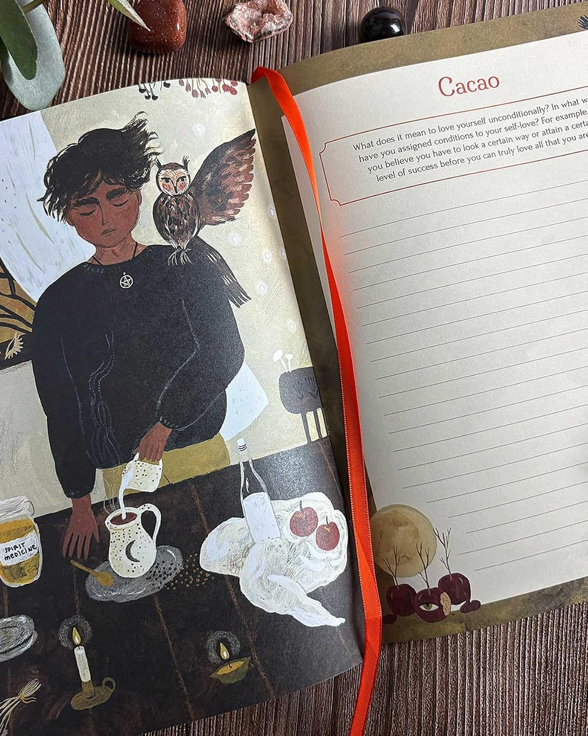 An open illustrated journal or notebook spread on a wooden surface, showing a whimsical illustration of a person with an owl on the left page and lined writing space with the title 'Cacao' on the right page, tied with a red ribbon bookmark.