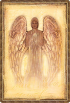 A square art print or card featuring a stylized illustration of a winged angel in soft sepia tones, centered within a decorative textured border.