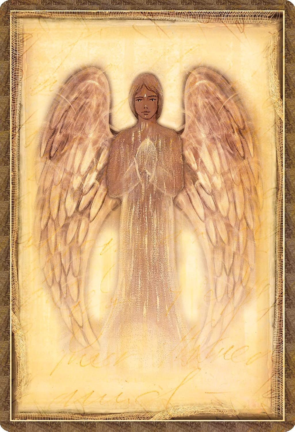 A square art print or card featuring a stylized illustration of a winged angel in soft sepia tones, centered within a decorative textured border.