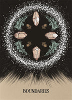 Mandala design with crystals and leaves on a dark background with 'Boundaries' text.